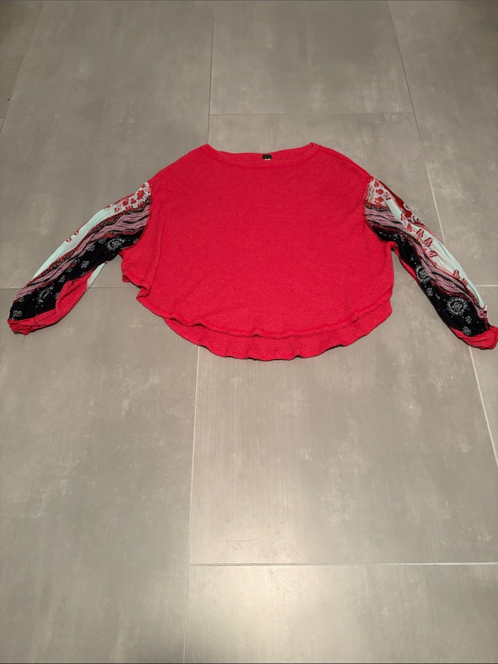 Free People Red Pullover with Patterned Balloon Sleeves